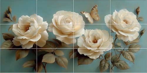 White rose and butterfly ceramic tile mural for vintage interiors